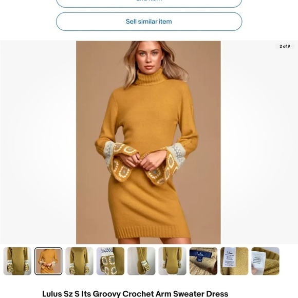 Lulus Sz S Its Groovy Crochet Arm Sweater Dress Mustard Yellow Acrylic Retro - Picture 2 of 9